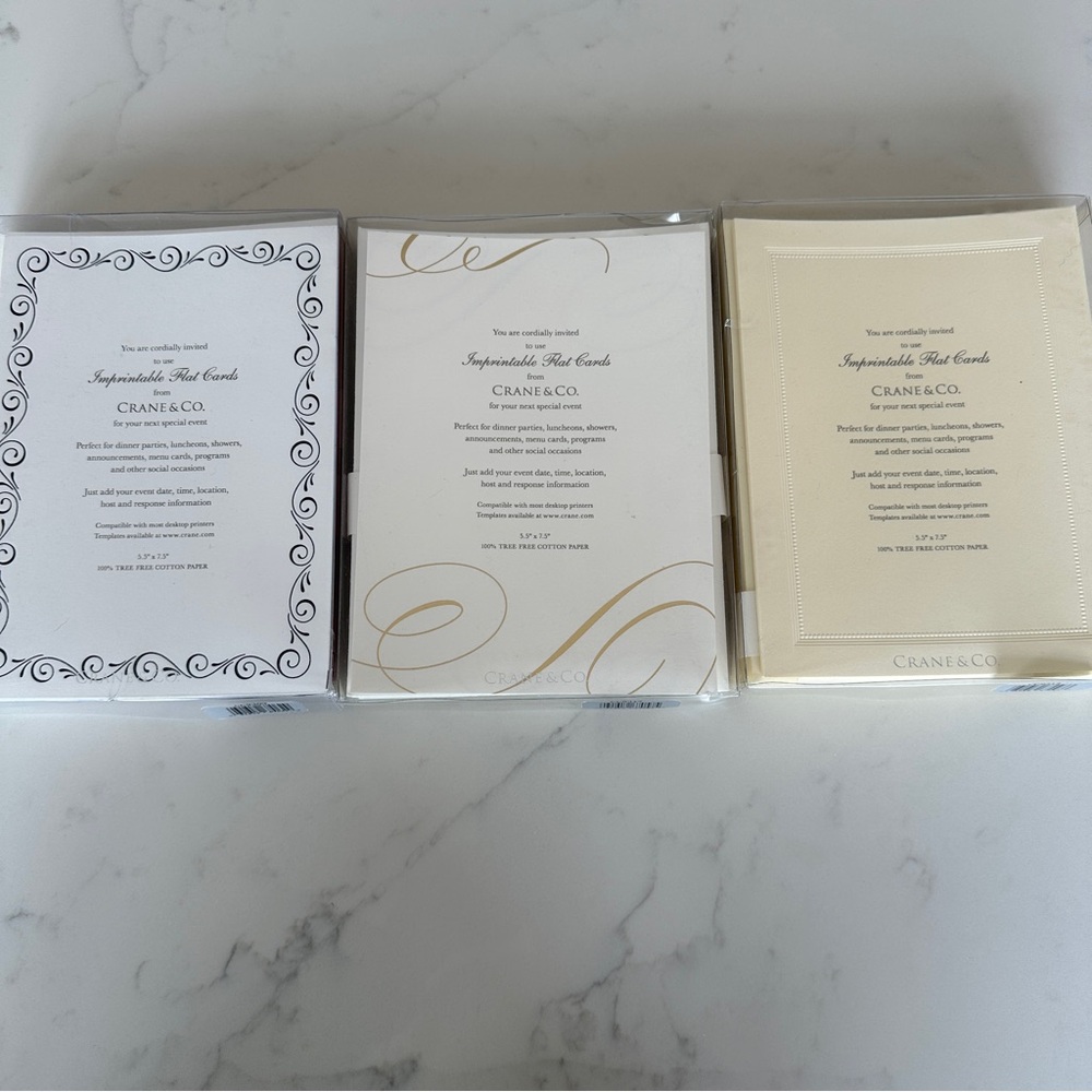 *NIB* Crane & Co set of 3 imprintable flat cards 5.5”x 7.5” w/lined envelopes 💌